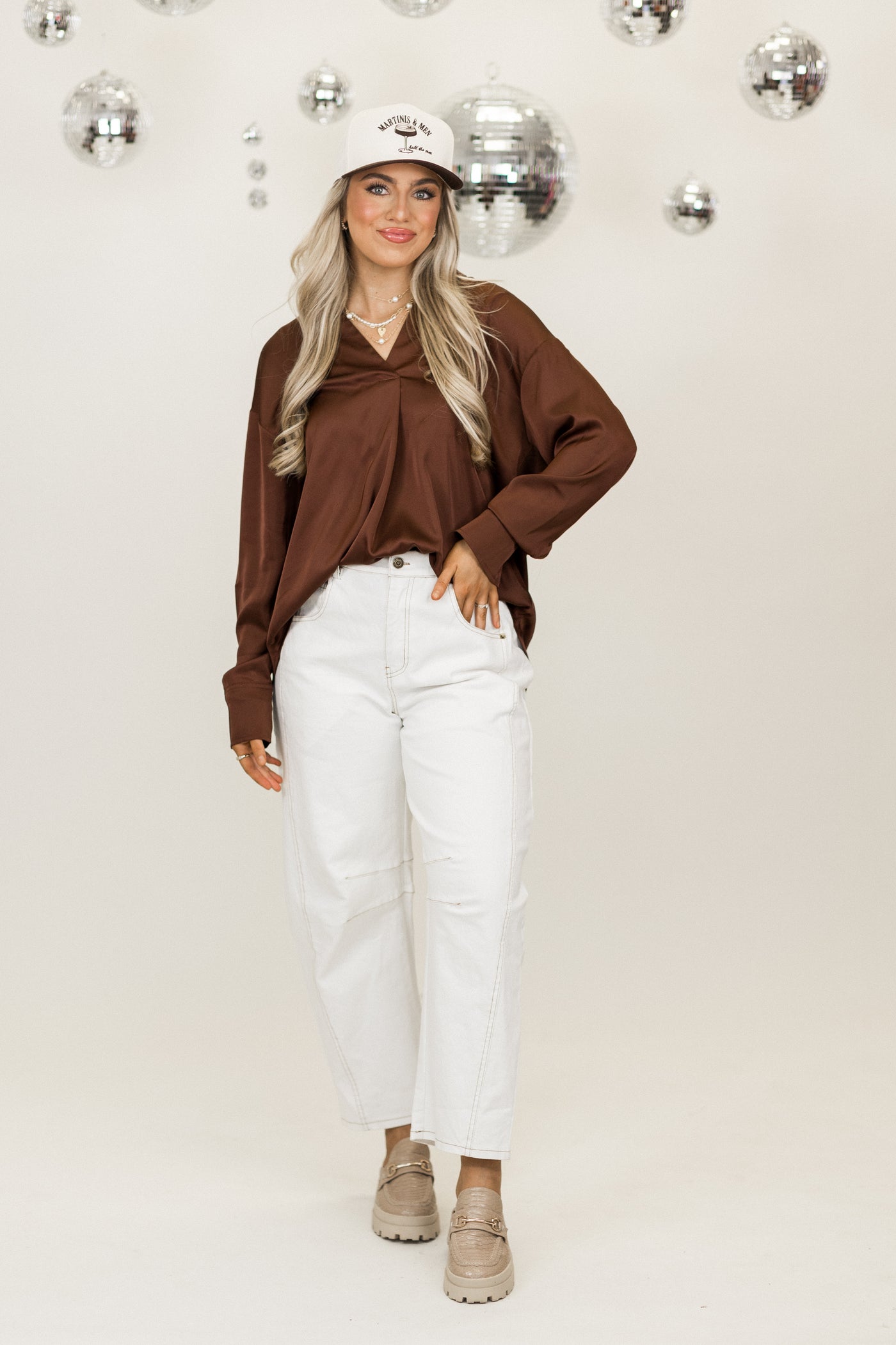 Chestnut Collared Notch Neck Long Sleeve Blouse