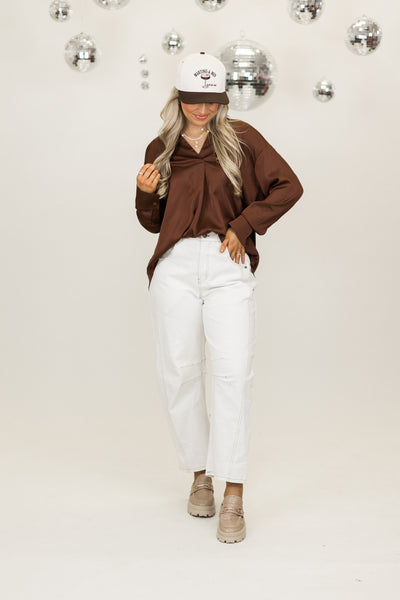 Chestnut Collared Notch Neck Long Sleeve Blouse