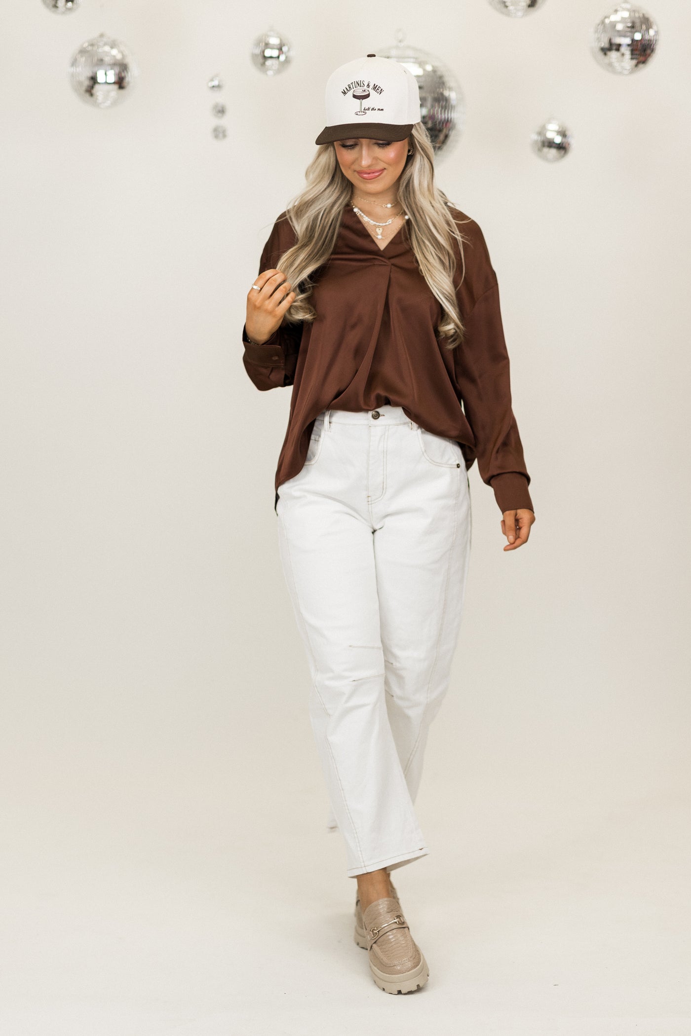 Chestnut Collared Notch Neck Long Sleeve Blouse