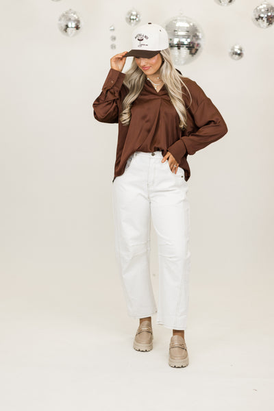 Chestnut Collared Notch Neck Long Sleeve Blouse