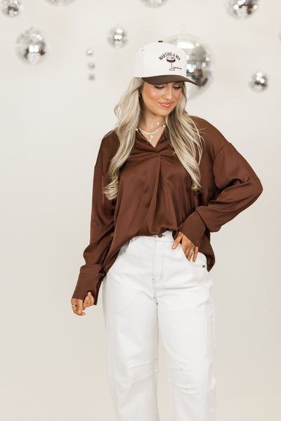 Chestnut Collared Notch Neck Long Sleeve Blouse