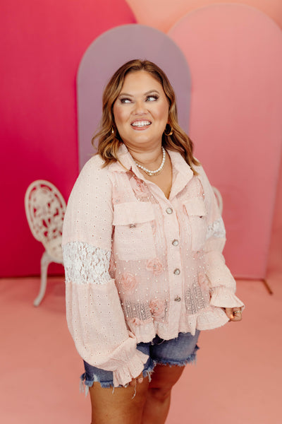 Strawberry Yogurt Eyelet Detail Pearl Beaded Flower Blouse