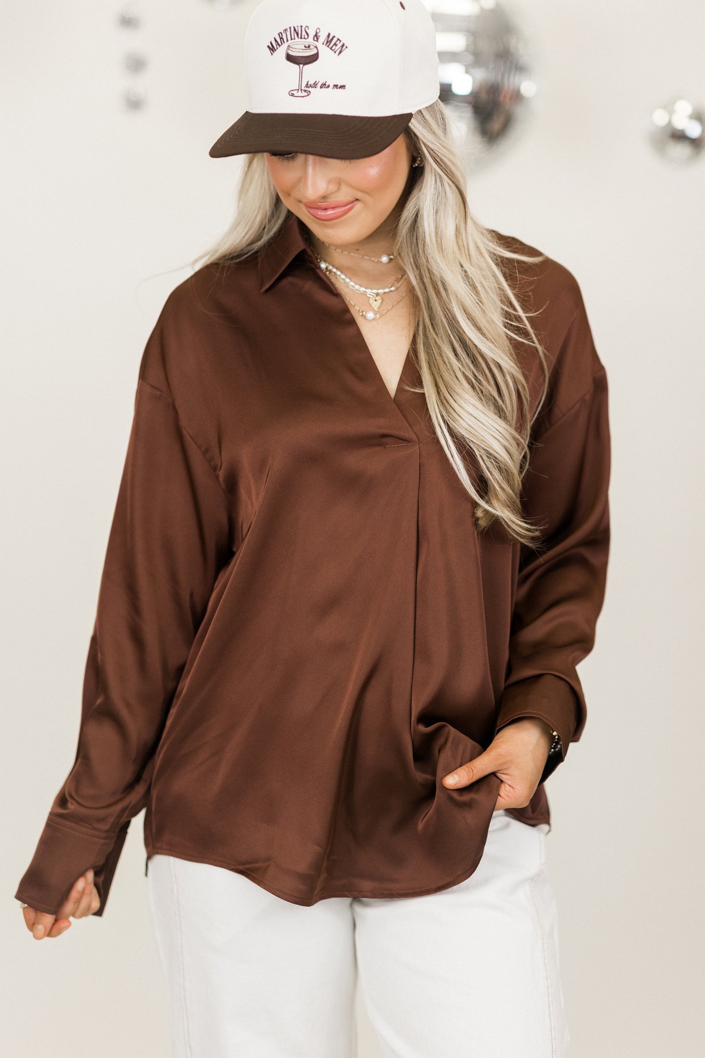 Chestnut Collared Notch Neck Long Sleeve Blouse