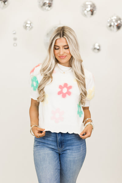 White Floral Embroidered Puff Sleeve Sweater Top