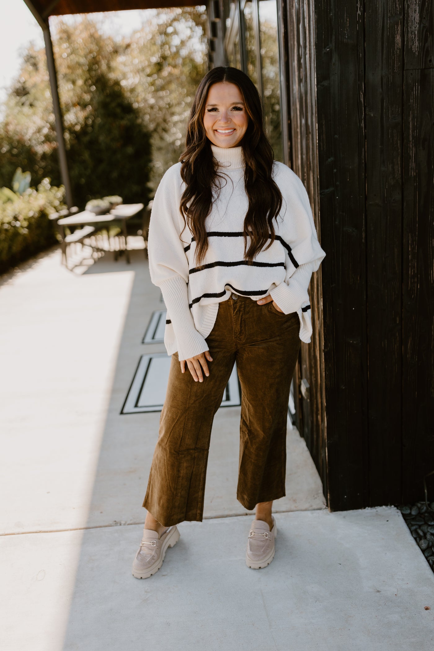 Warm White Striped Turtleneck Oversized Sweater