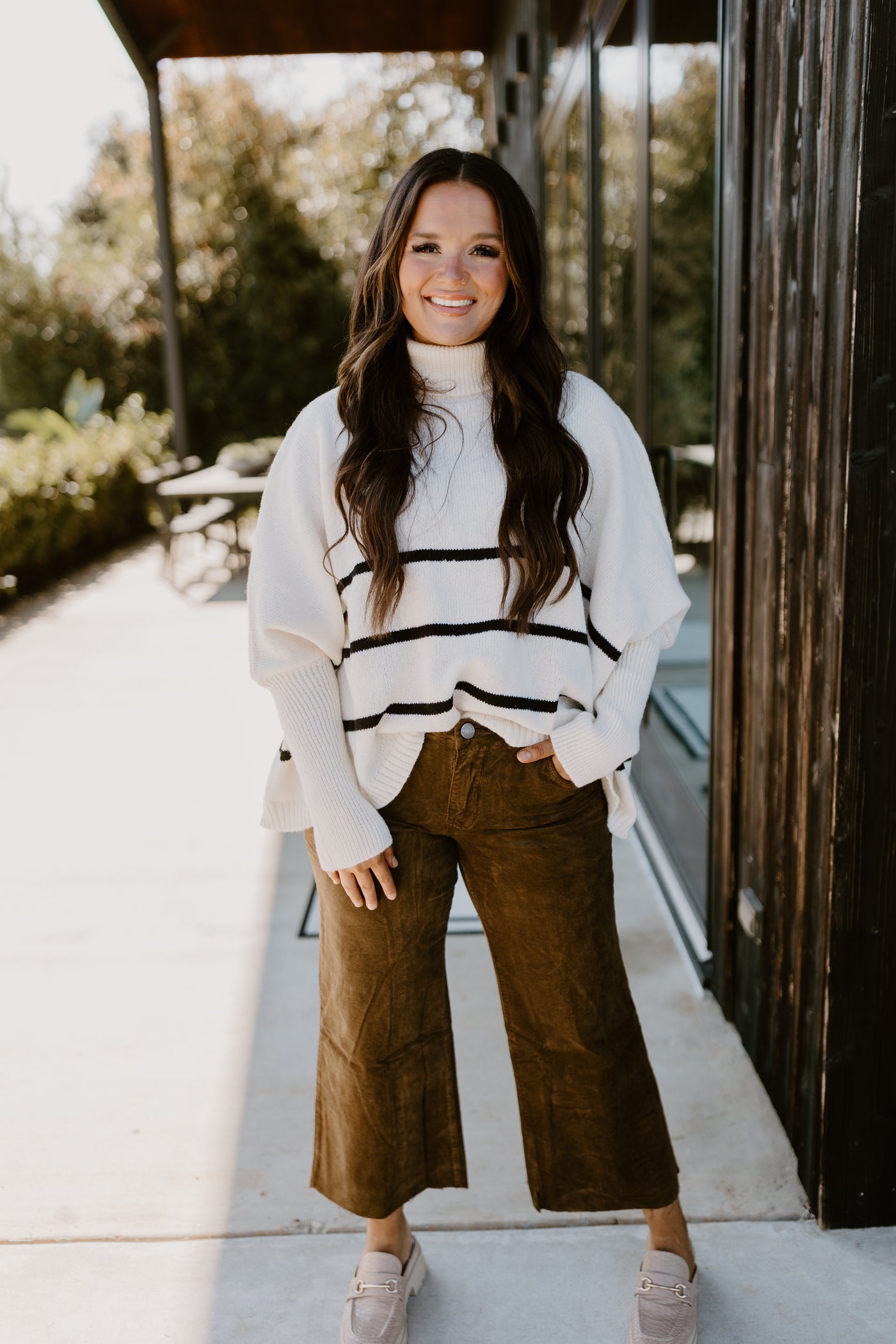 Warm White Striped Turtleneck Oversized Sweater