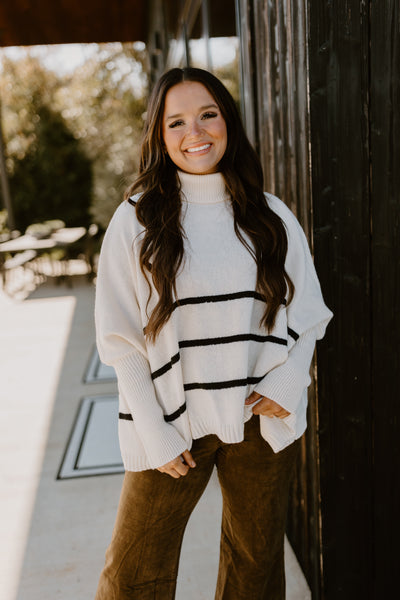 Warm White Striped Turtleneck Oversized Sweater