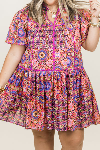 Karlie Pink Multi Kaleidoscope V-Neck Tiered Dress