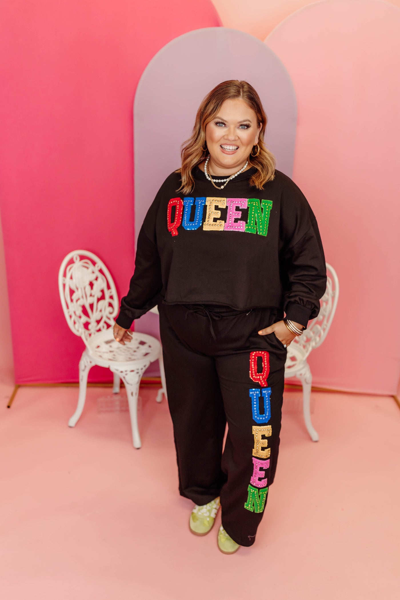 Black Multi Rhinestone Queen Sweatshirt and Pant Set