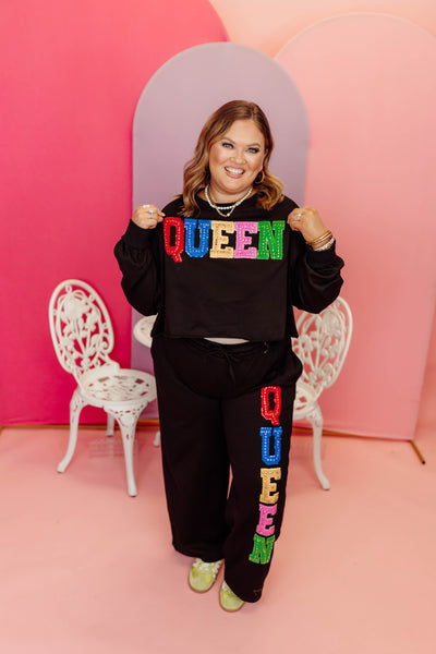 Black Multi Rhinestone Queen Sweatshirt and Pant Set