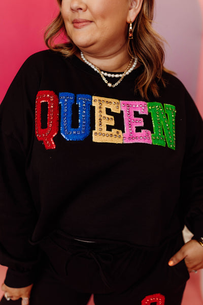 Black Multi Rhinestone Queen Sweatshirt and Pant Set