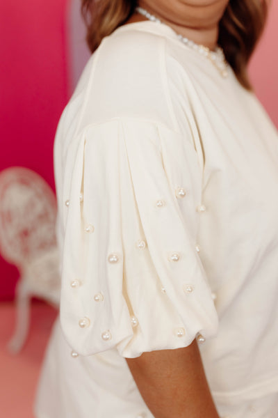 Cream Pearl Detail Tee and Skort Set