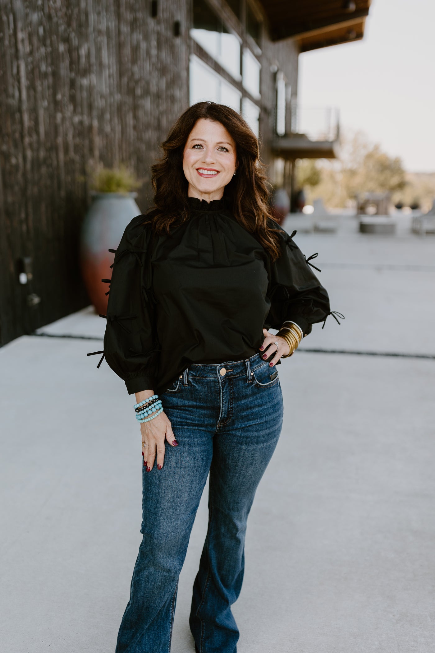 Black High Neck Bow 3/4 Sleeve Blouse