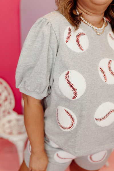 Heather Grey Baseball Puff Sleeve Top and Short Set