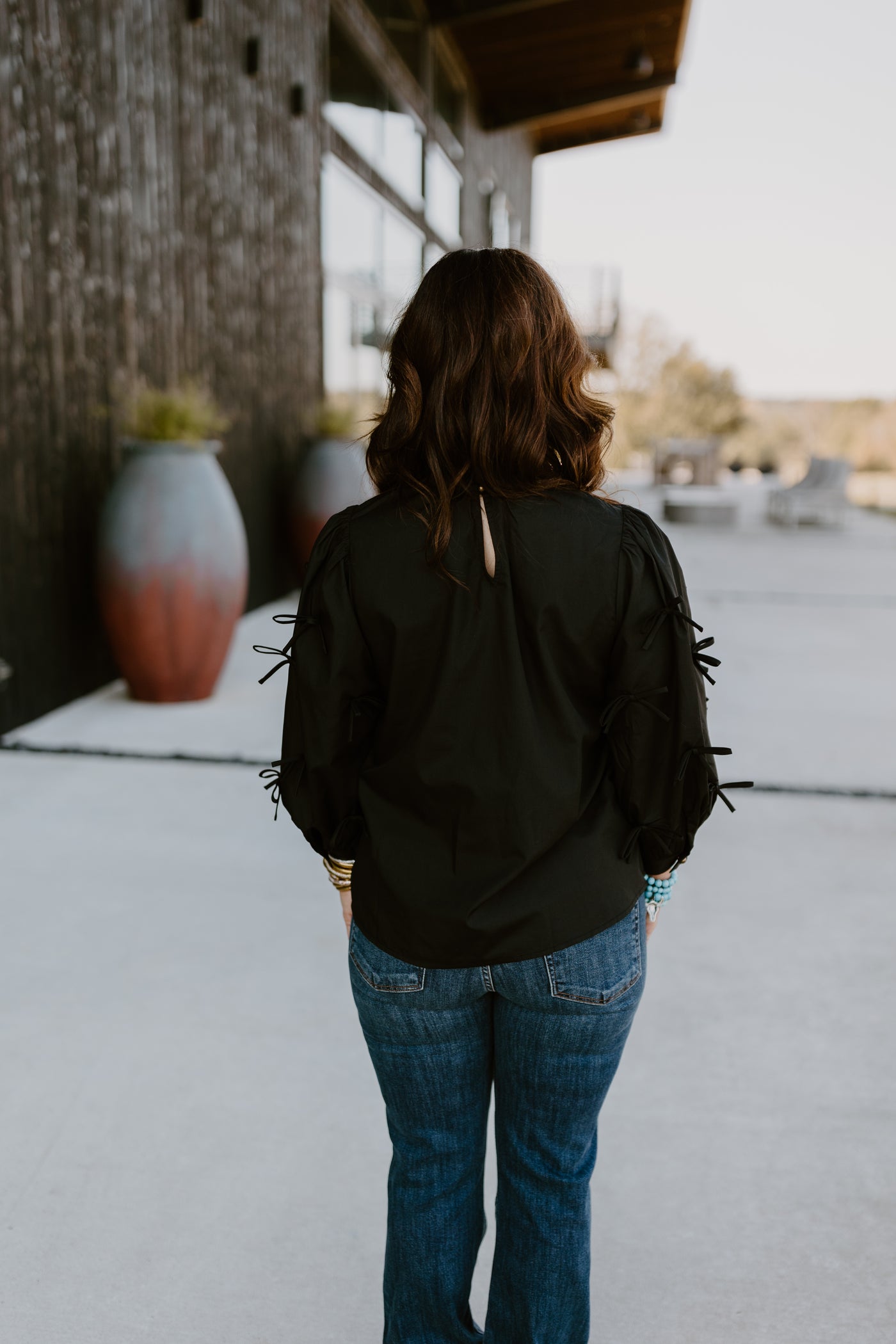 Black High Neck Bow 3/4 Sleeve Blouse