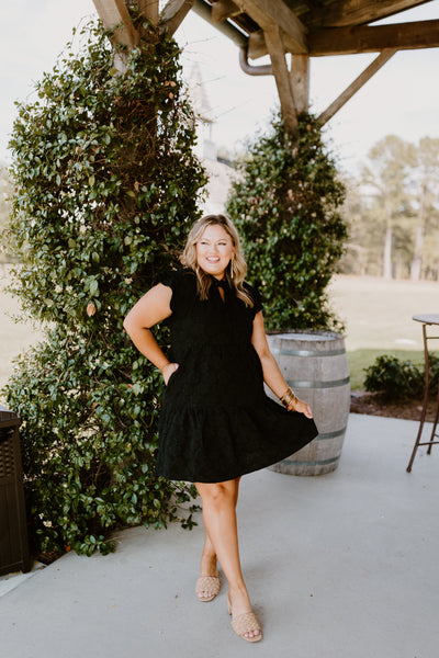 Black Floral Jacquard Tiered Tie Neck Dress