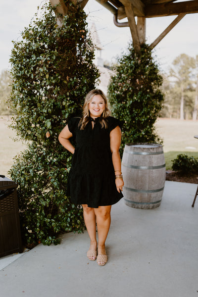 Black Floral Jacquard Tiered Tie Neck Dress