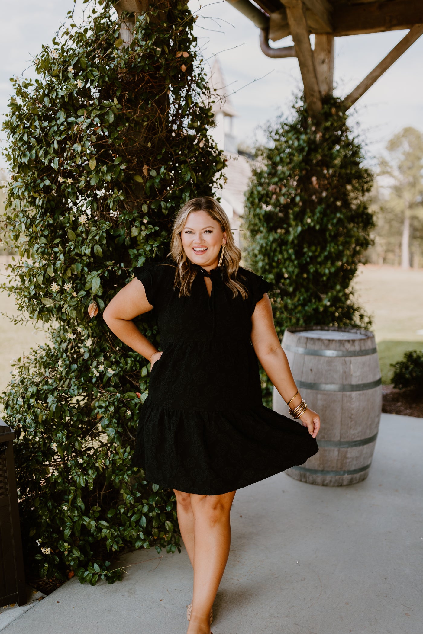 Black Floral Jacquard Tiered Tie Neck Dress