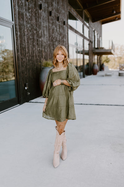 Olive Eyelet Square Neck Puff Sleeve Dress