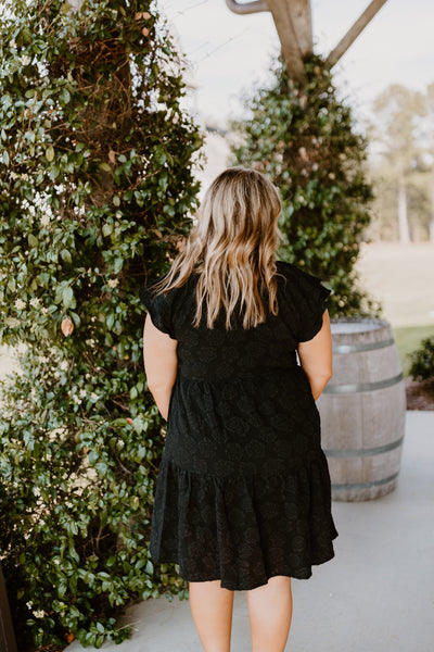 Black Floral Jacquard Tiered Tie Neck Dress