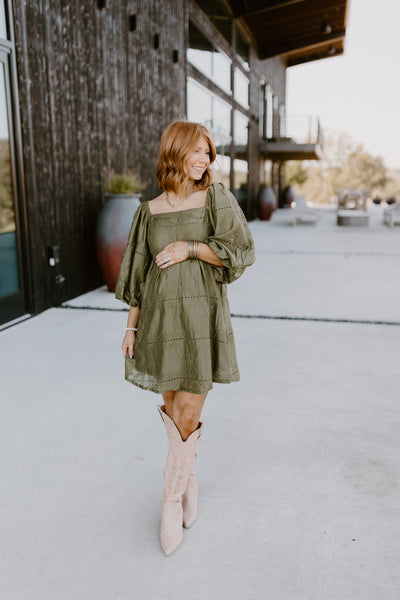 Olive Eyelet Square Neck Puff Sleeve Dress