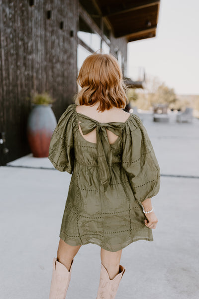 Olive Eyelet Square Neck Puff Sleeve Dress