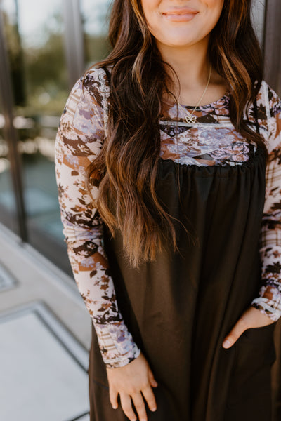 Cream Brown Floral Patchwork Mesh Fitted Long Sleeve Top