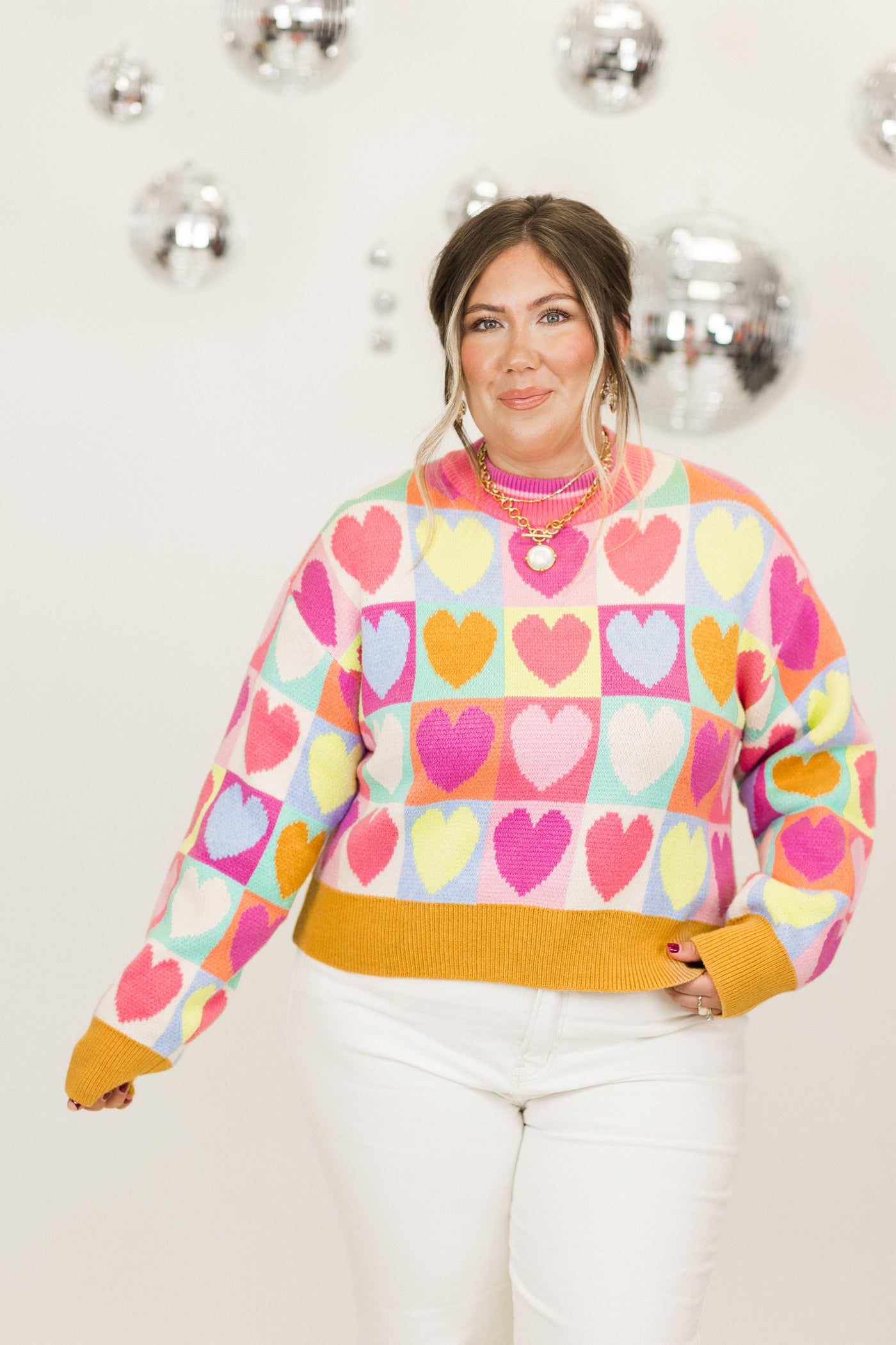 Pink Multi Mock Neck Heart Sweater