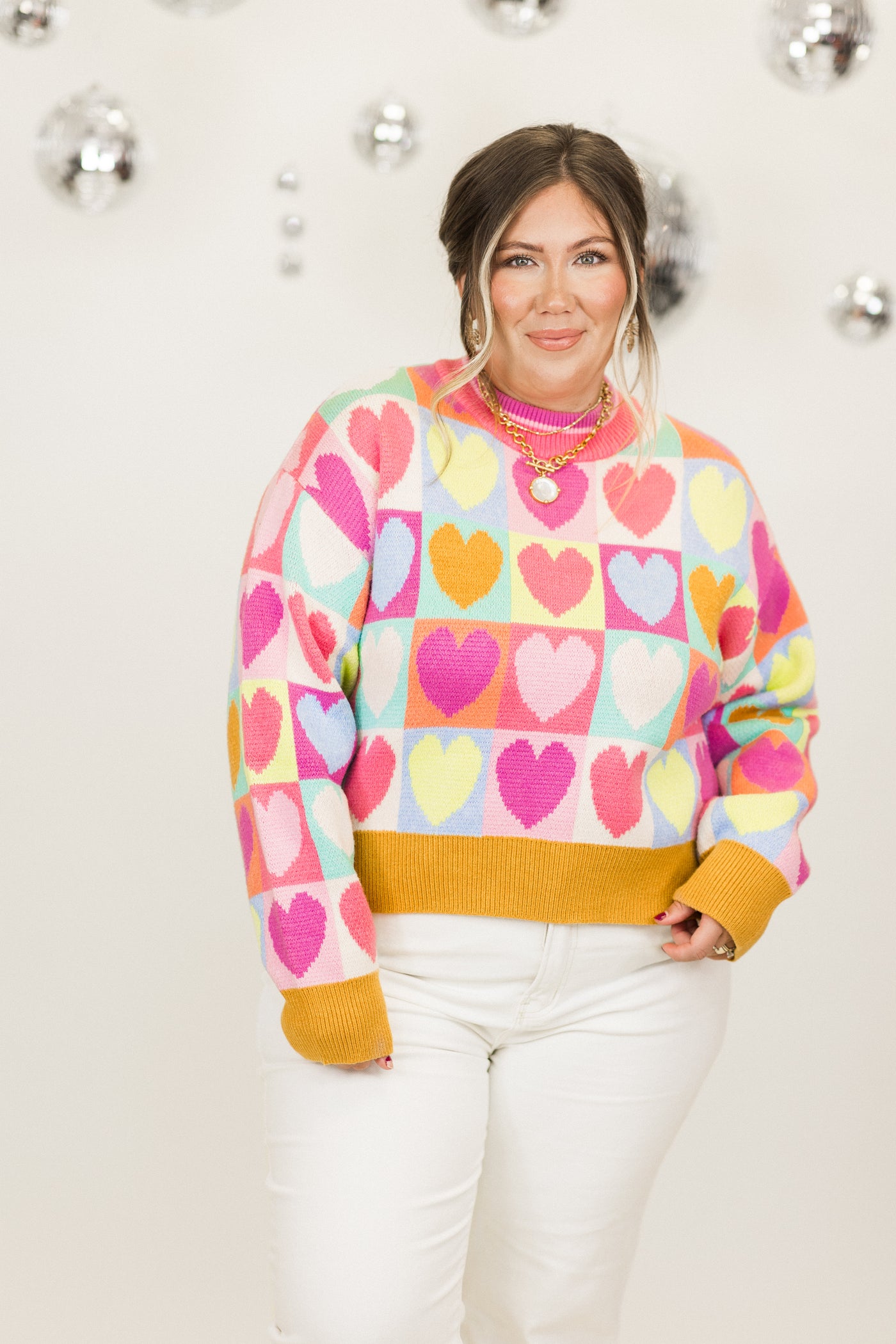 Pink Multi Mock Neck Heart Sweater