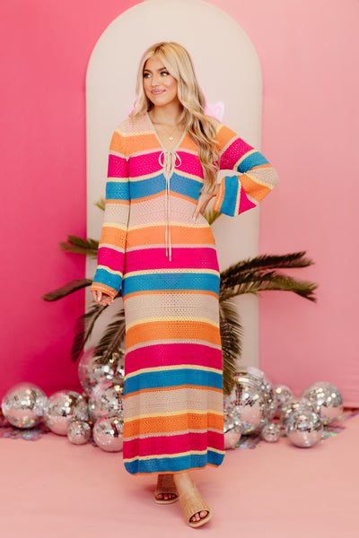 Fuchsia Multi Striped Long Sleeve Crochet Maxi Dress