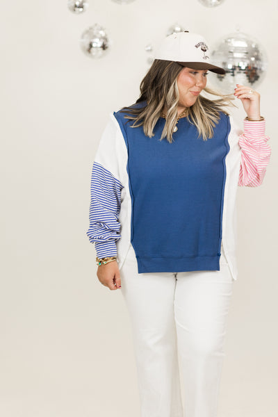 Denim Mix and Match Striped Knit Pullover