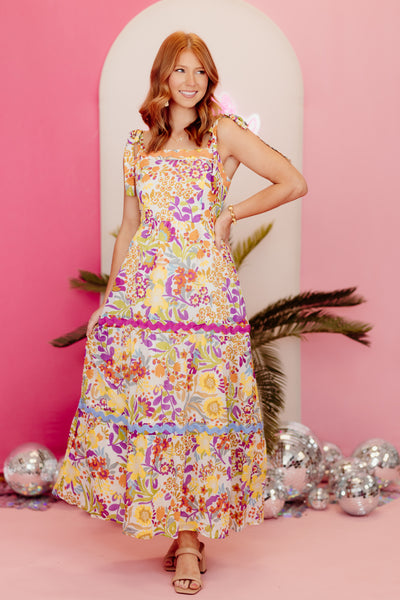 Multi Floral Tie Shoulder Tiered Midi Dress