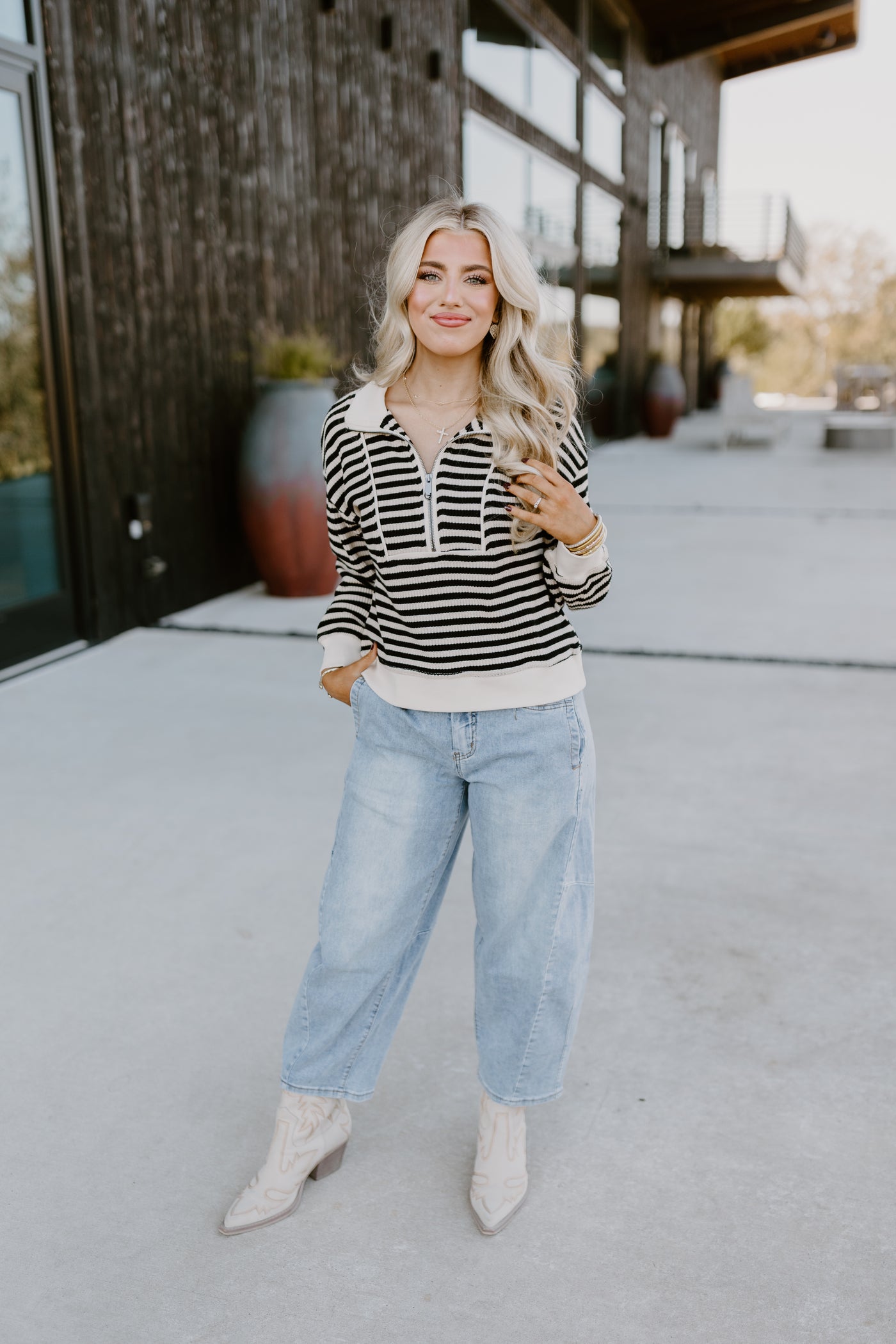 Black Striped Contrast Half Zip Pullover