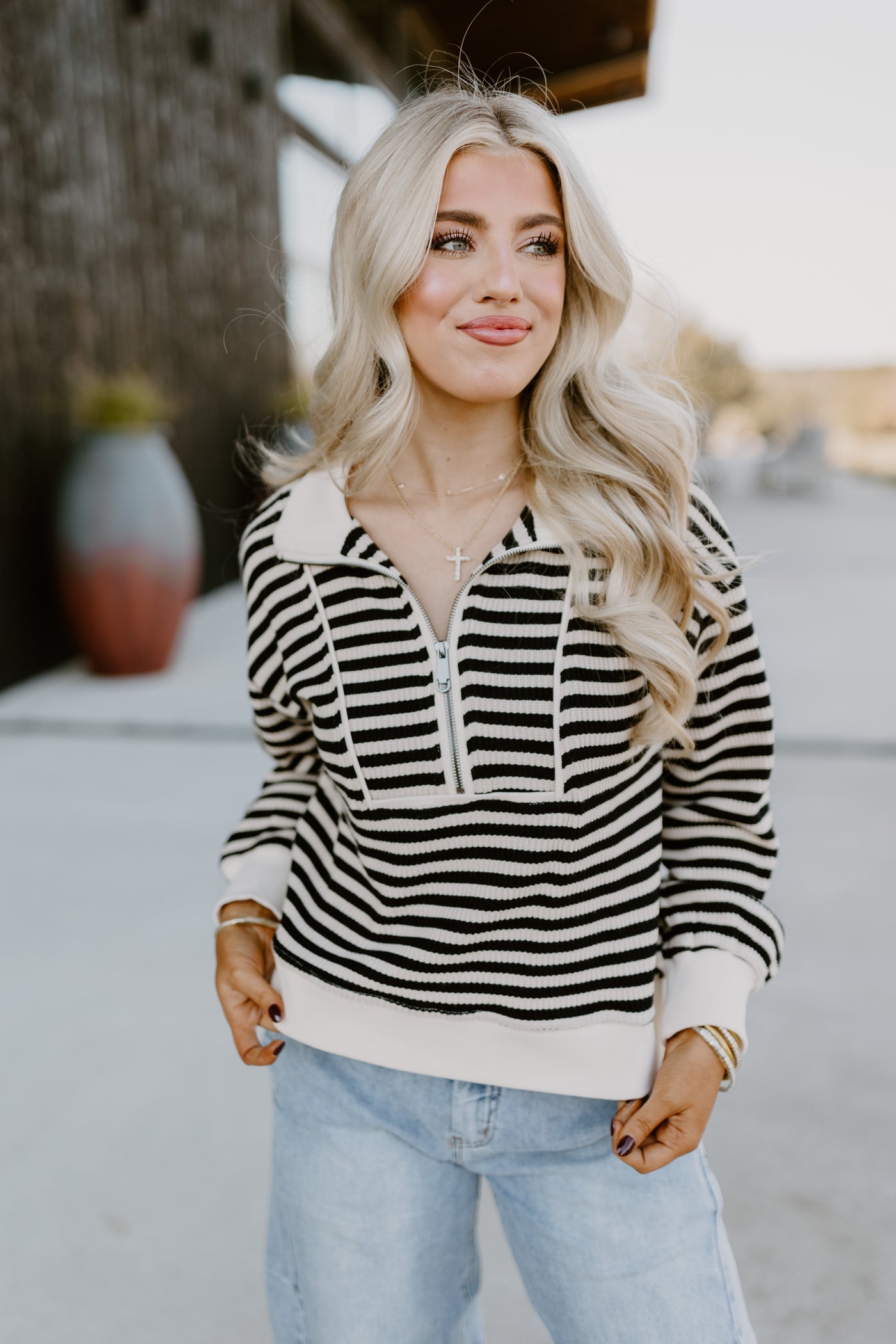 Black Striped Contrast Half Zip Pullover