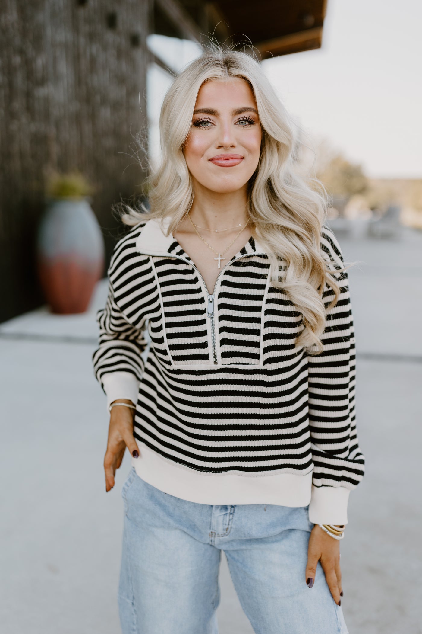 Black Striped Contrast Half Zip Pullover