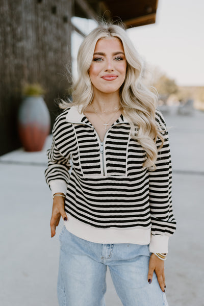 Black Striped Contrast Half Zip Pullover