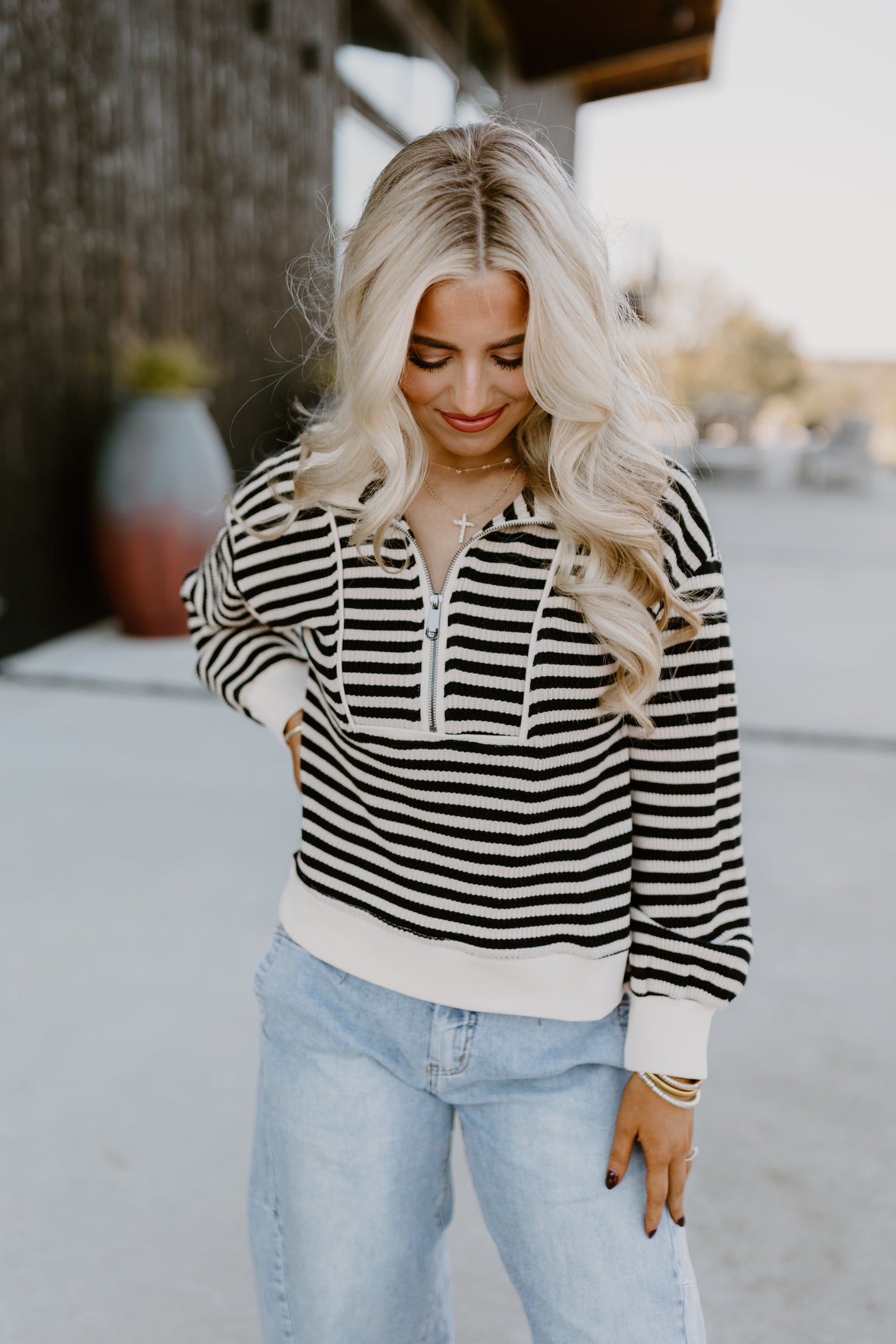 Black Striped Contrast Half Zip Pullover