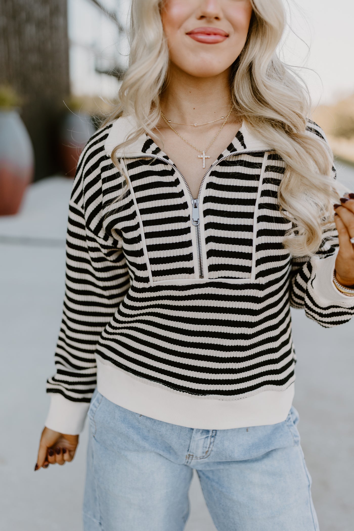 Black Striped Contrast Half Zip Pullover