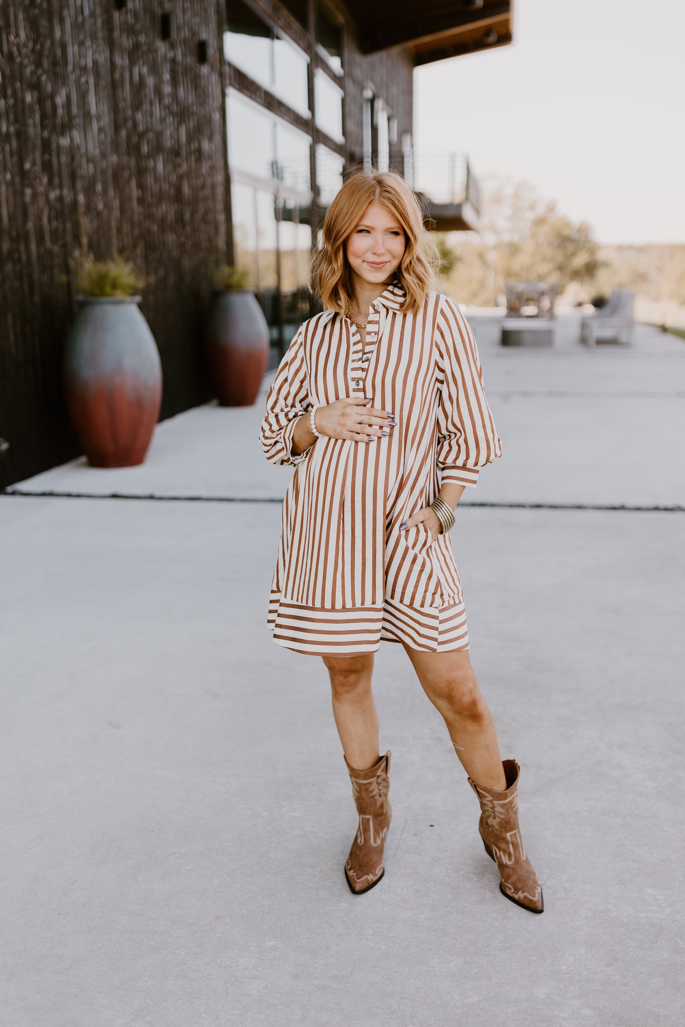 Brown Striped Seersucker Half Button Dress