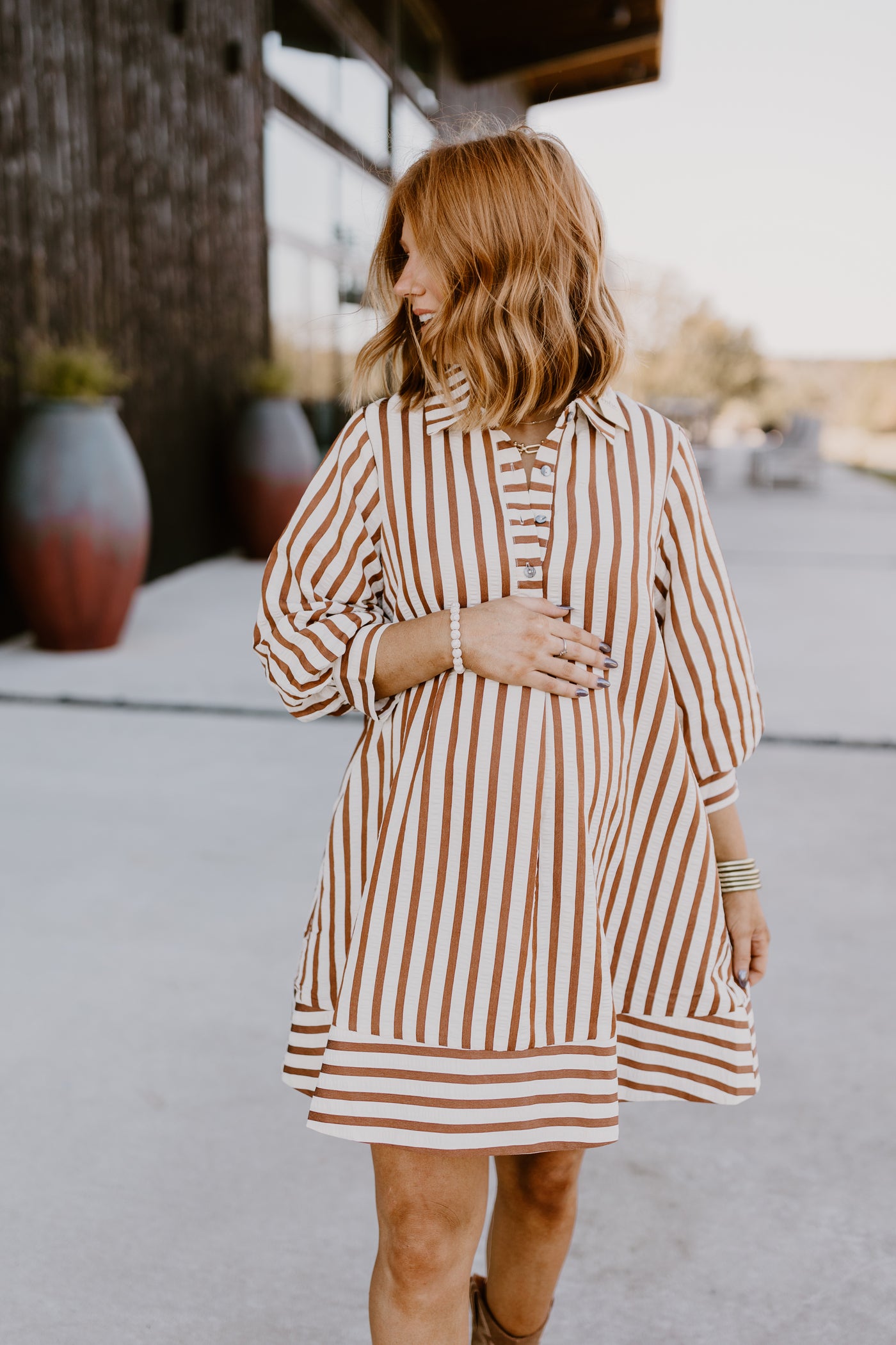 Brown Striped Seersucker Half Button Dress