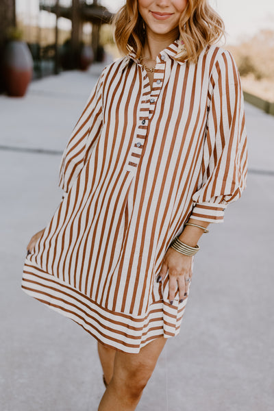 Brown Striped Seersucker Half Button Dress