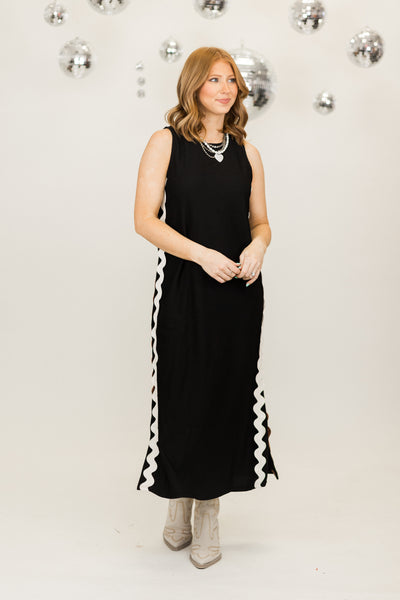 Black Ric Rac Trim Ribbed Sleeveless Midi Dress