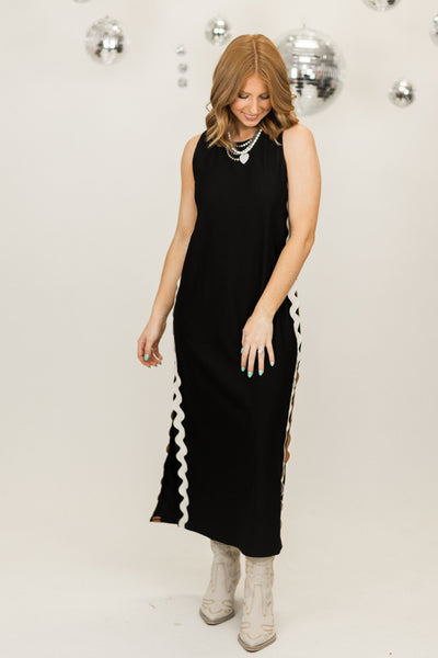 Black Ric Rac Trim Ribbed Sleeveless Midi Dress