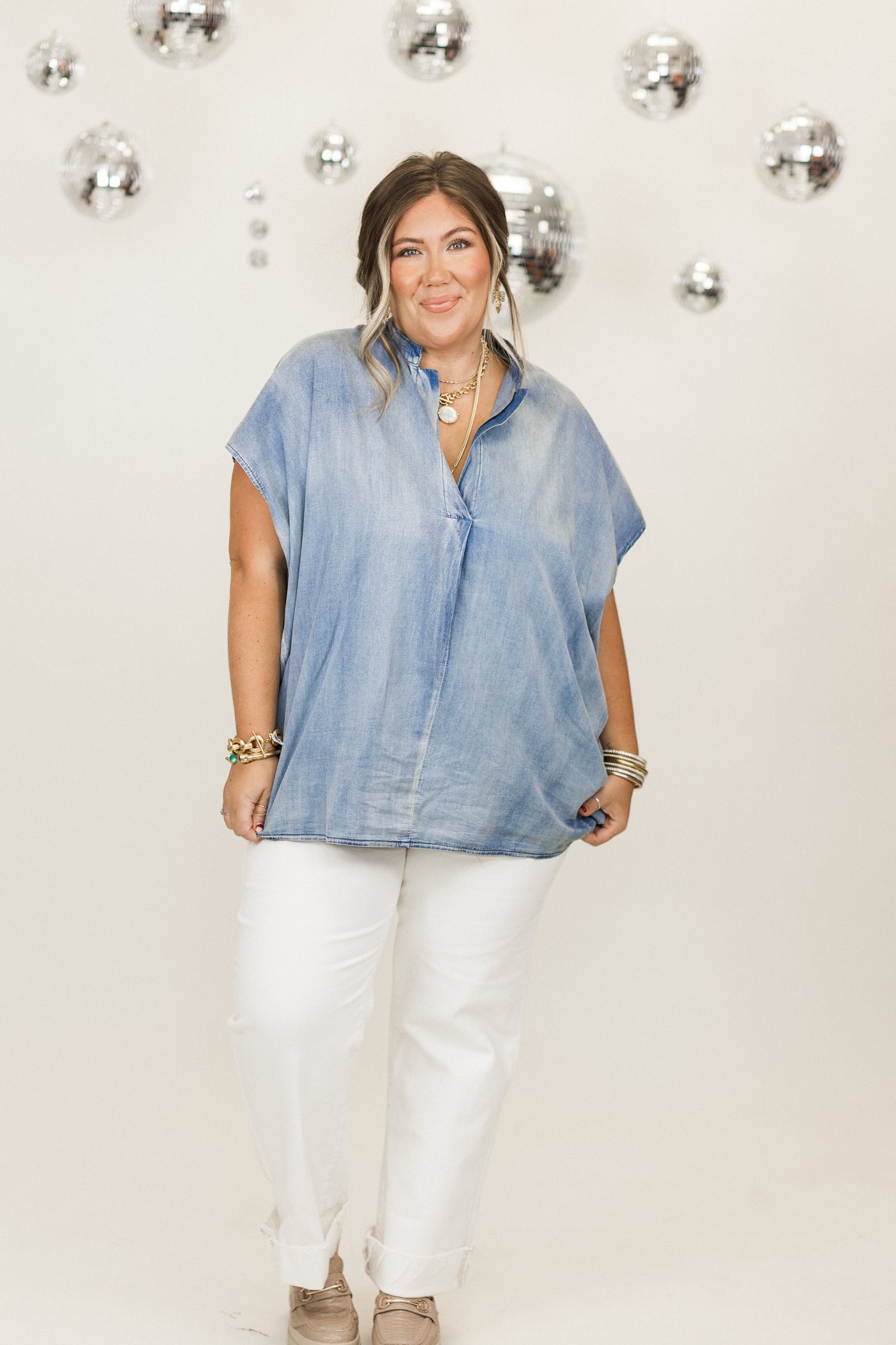 Denim Washed Oversized Drop Shoulder Blouse