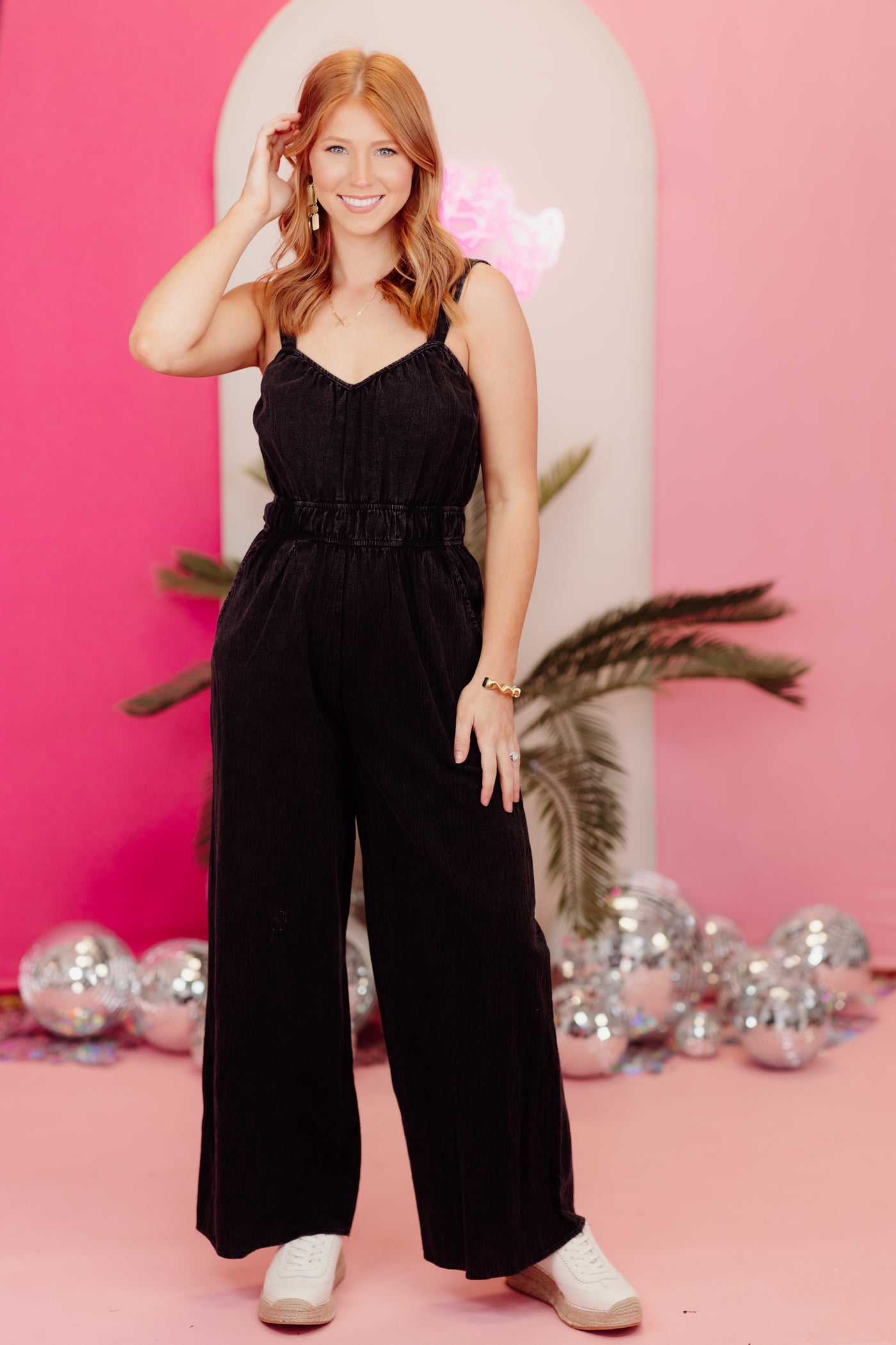 Black Crinkle Smocked Waist Jumpsuit