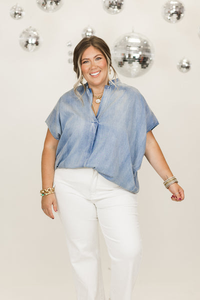 Denim Washed Oversized Drop Shoulder Blouse