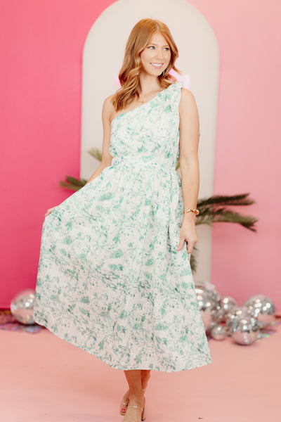 Green Floral Eyelet One Shoulder Midi Dress