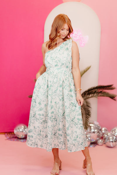 Green Floral Eyelet One Shoulder Midi Dress