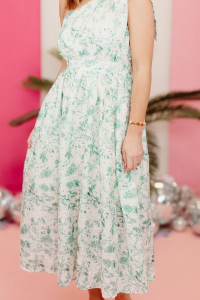 Green Floral Eyelet One Shoulder Midi Dress