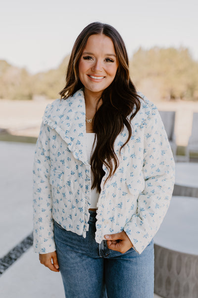 White and Blue Floral Rose Quilted Puffer Jacket